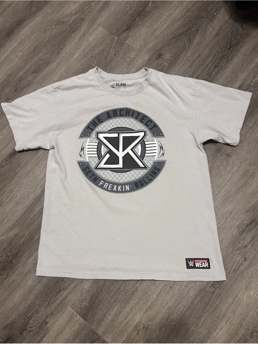 SETH ROLLINS The Architect AUTHENTIC T-SHIRT Sz L WWE Grey Wrestling Raw Shield